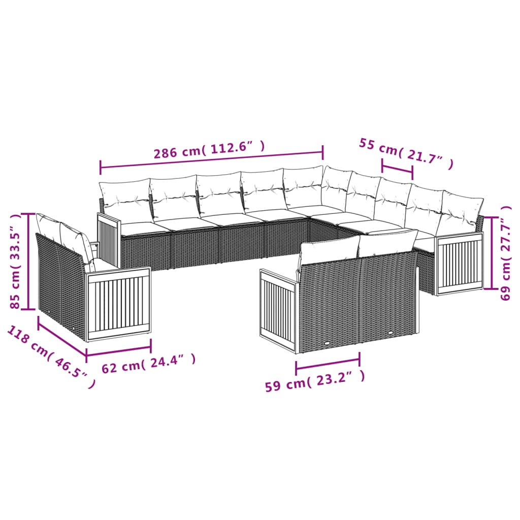 Set Divani da Giardino 13pz con Cuscini Nero in Polyrattan 3228204