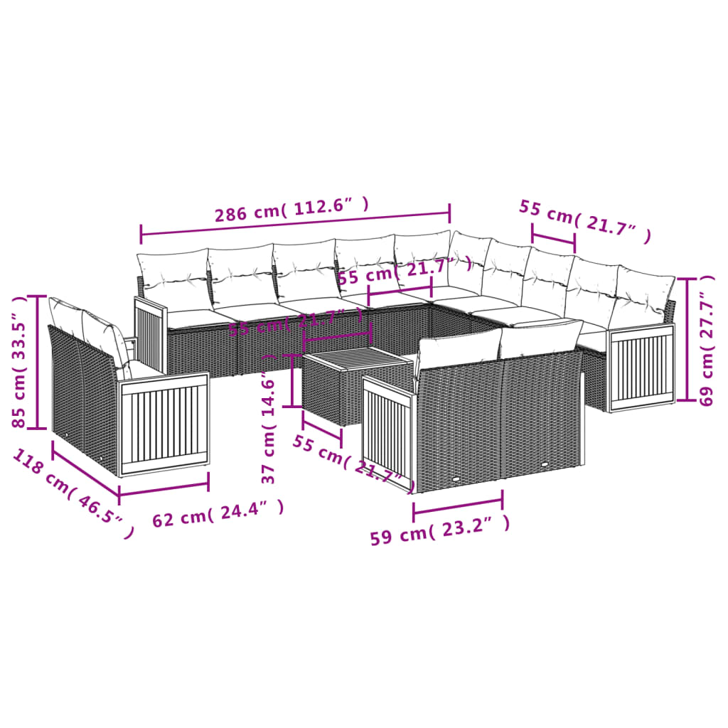 Set Divani da Giardino 14pz con Cuscini in Polyrattan Nero 3228211