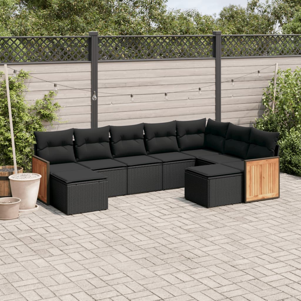 Set Divani da Giardino 9 pz con Cuscini Nero in Polyrattan 3228218