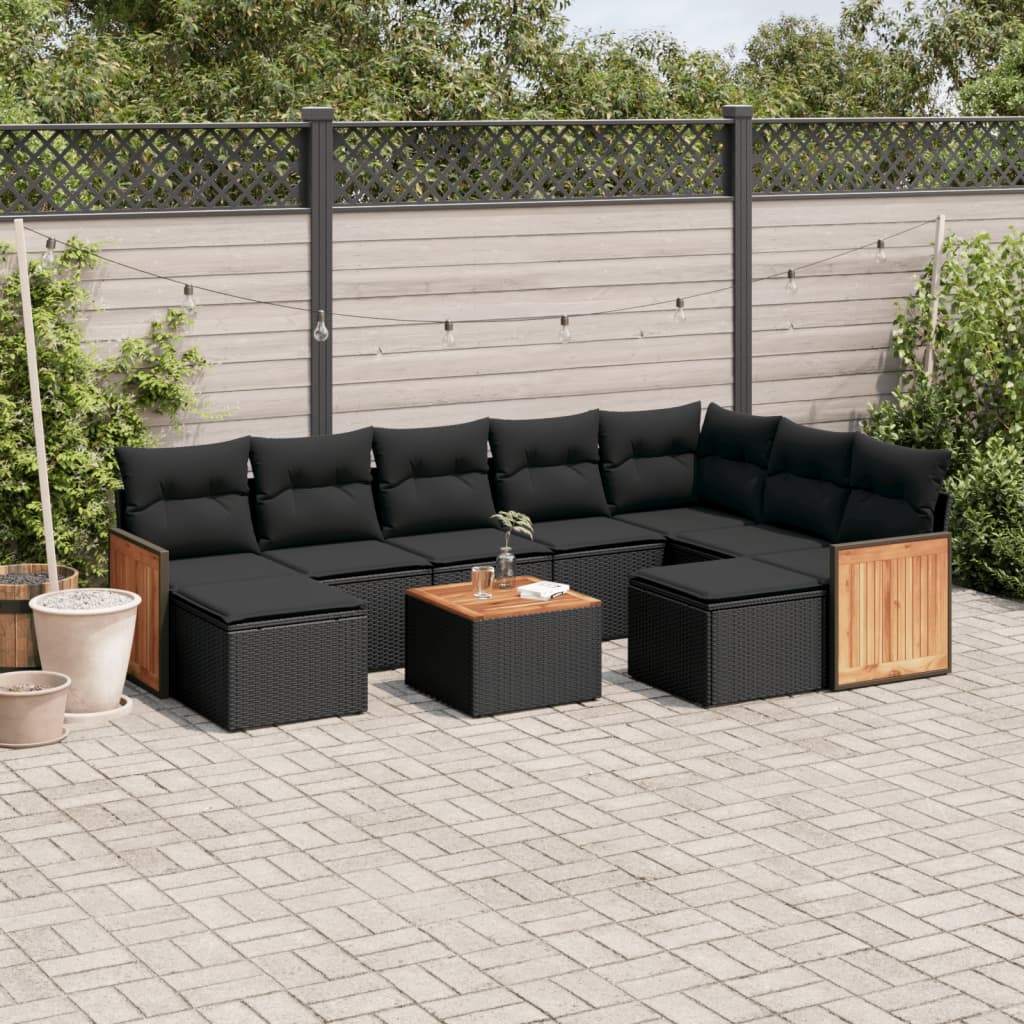 Set Divani da Giardino 10pz con Cuscini in Polyrattan Nero 3228225