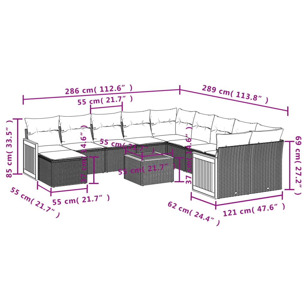 Set Divani da Giardino 12 pz con Cuscini Grigio in Polyrattan 3228258