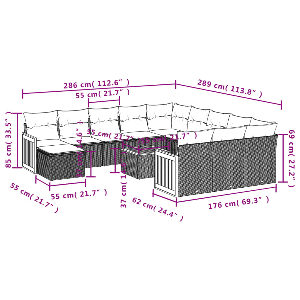 Set Divani da Giardino 13pz con Cuscini Nero in Polyrattan 3228268