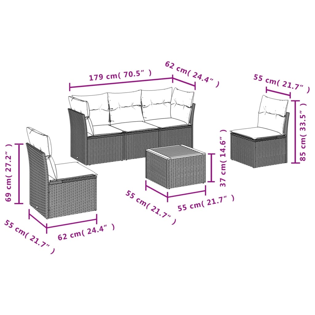 Set Divano da Giardino 6 pz con Cuscini Nero in Polyrattan 3223543