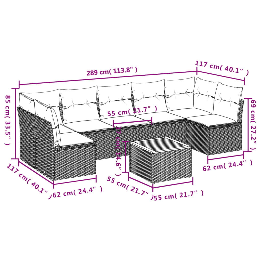 Set Divani da Giardino con Cuscini 8 pz Nero in Polyrattan 3223570