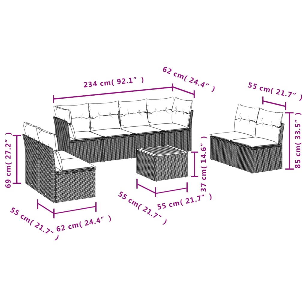 Set Divano da Giardino 9 pz con Cuscini Beige in Polyrattan 3223580