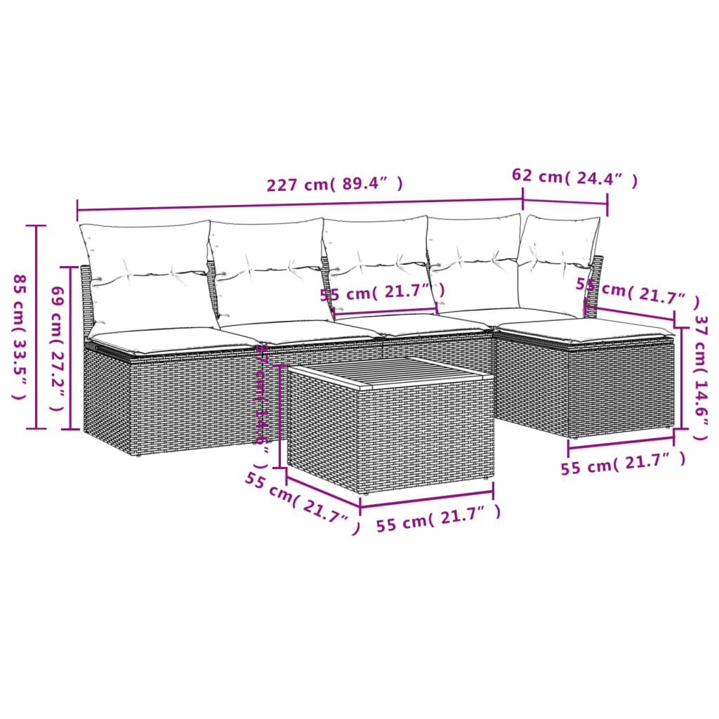 Set Divano da Giardino 6 pz con Cuscini Nero in Polyrattan 3223598