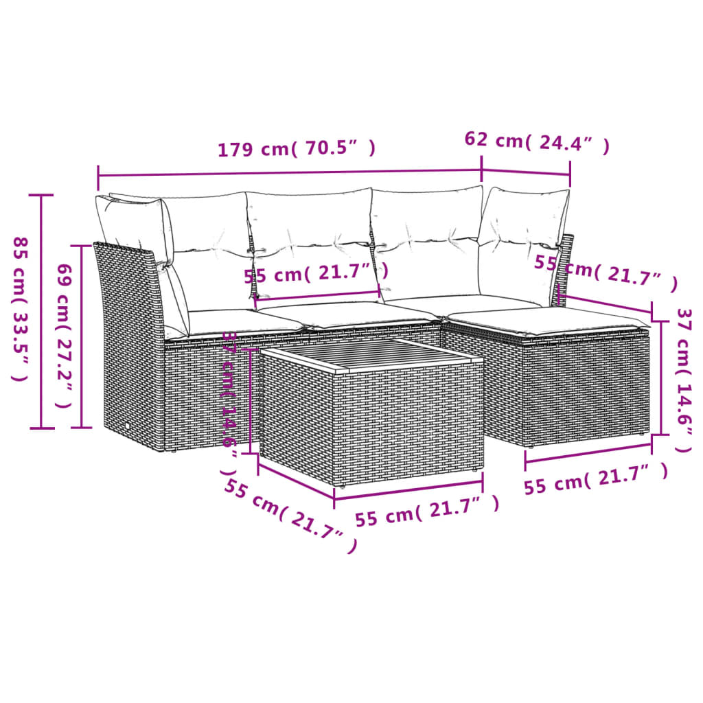 Set Divani da Giardino 5 pz con Cuscini in Polyrattan Nero 3223606