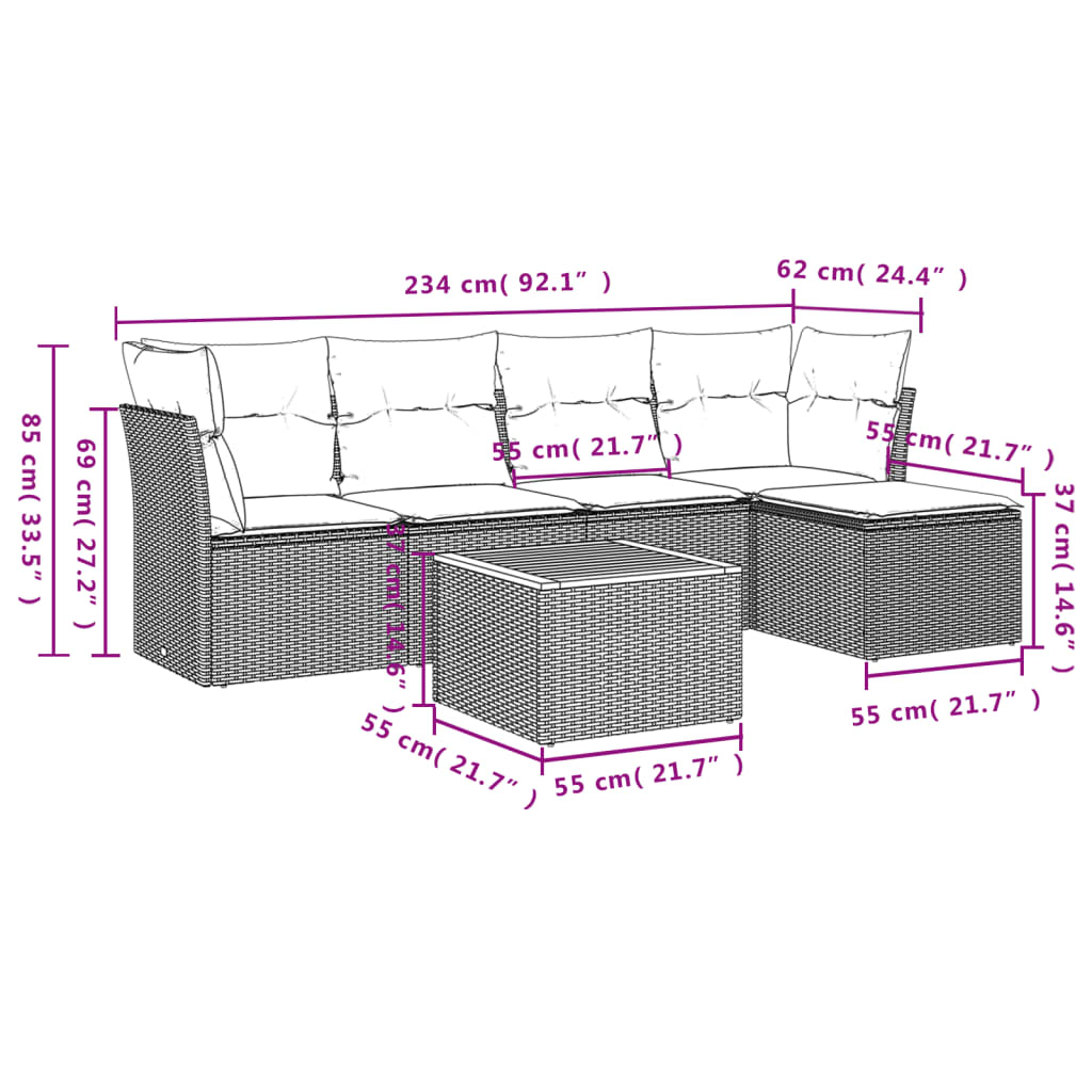 Set Divano da Giardino 6 pz con Cuscini Nero in Polyrattan 3223612