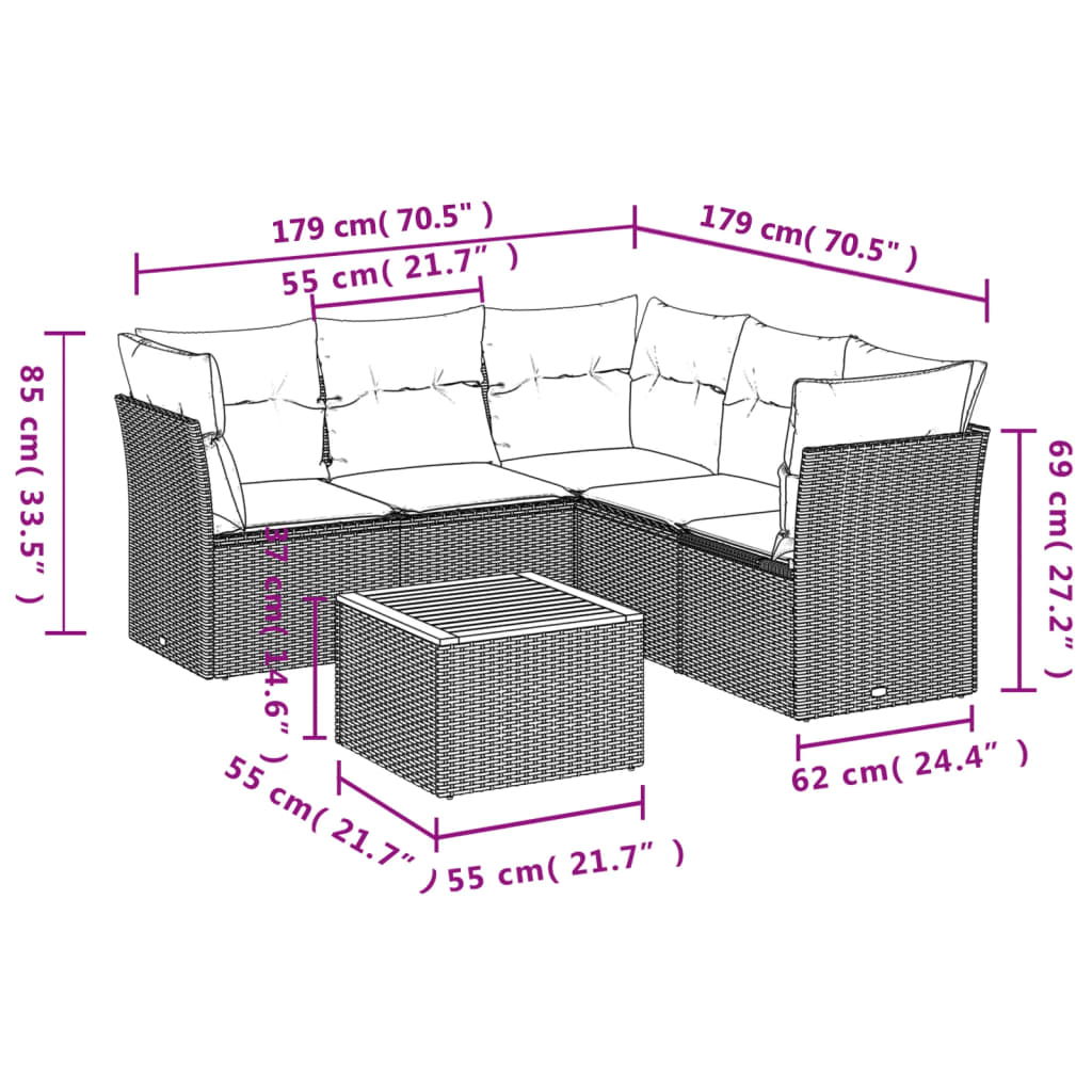 Set Divano da Giardino 6 pz con Cuscini Nero in Polyrattan 3223634