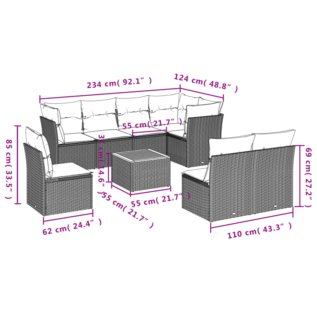 Set Divani da Giardino 9 pz con Cuscini Nero in Polyrattan 3223682