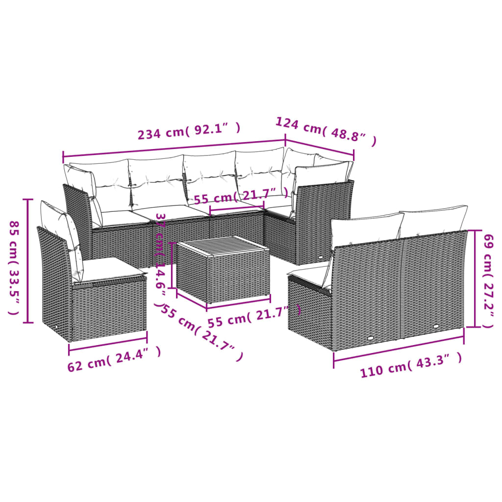 Set Divani da Giardino 9 pz con Cuscini Nero in Polyrattan 3223683