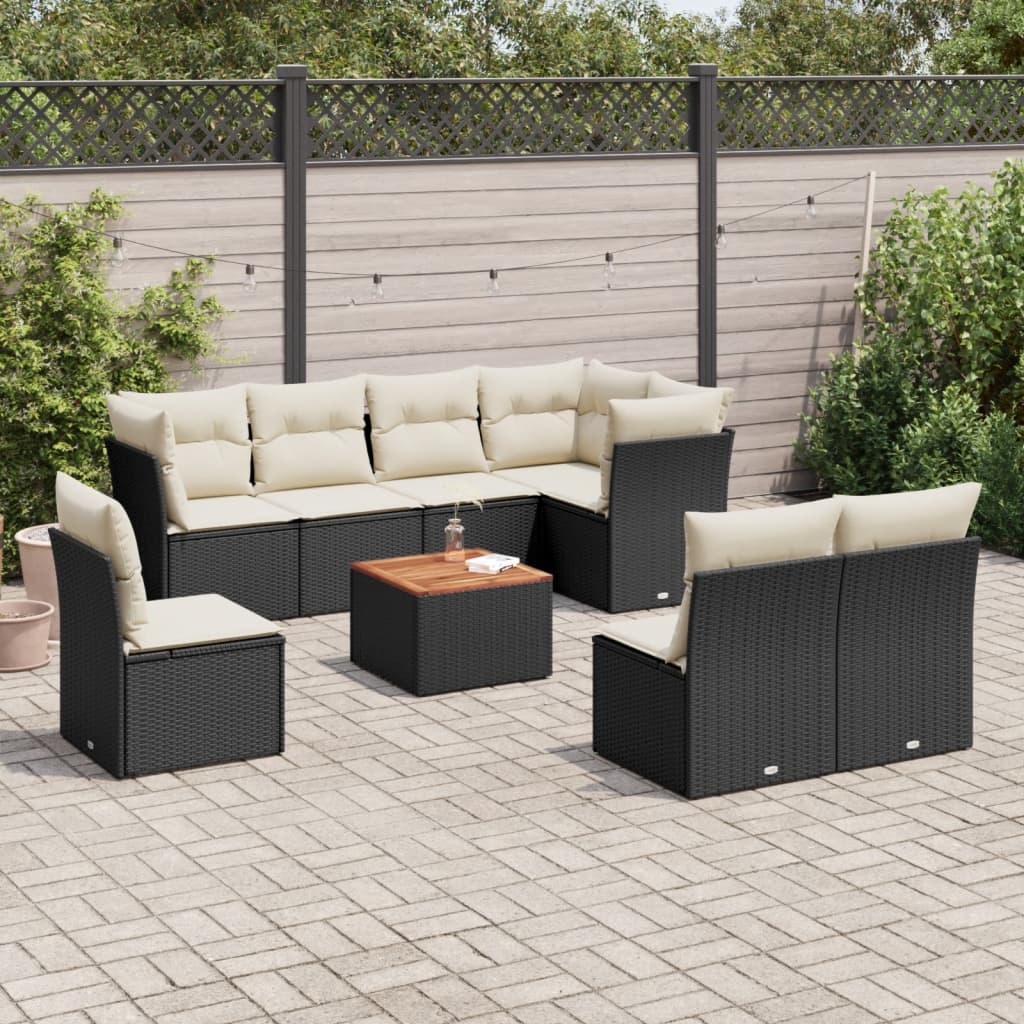 Set Divani da Giardino 9 pz con Cuscini Nero in Polyrattan 3223683