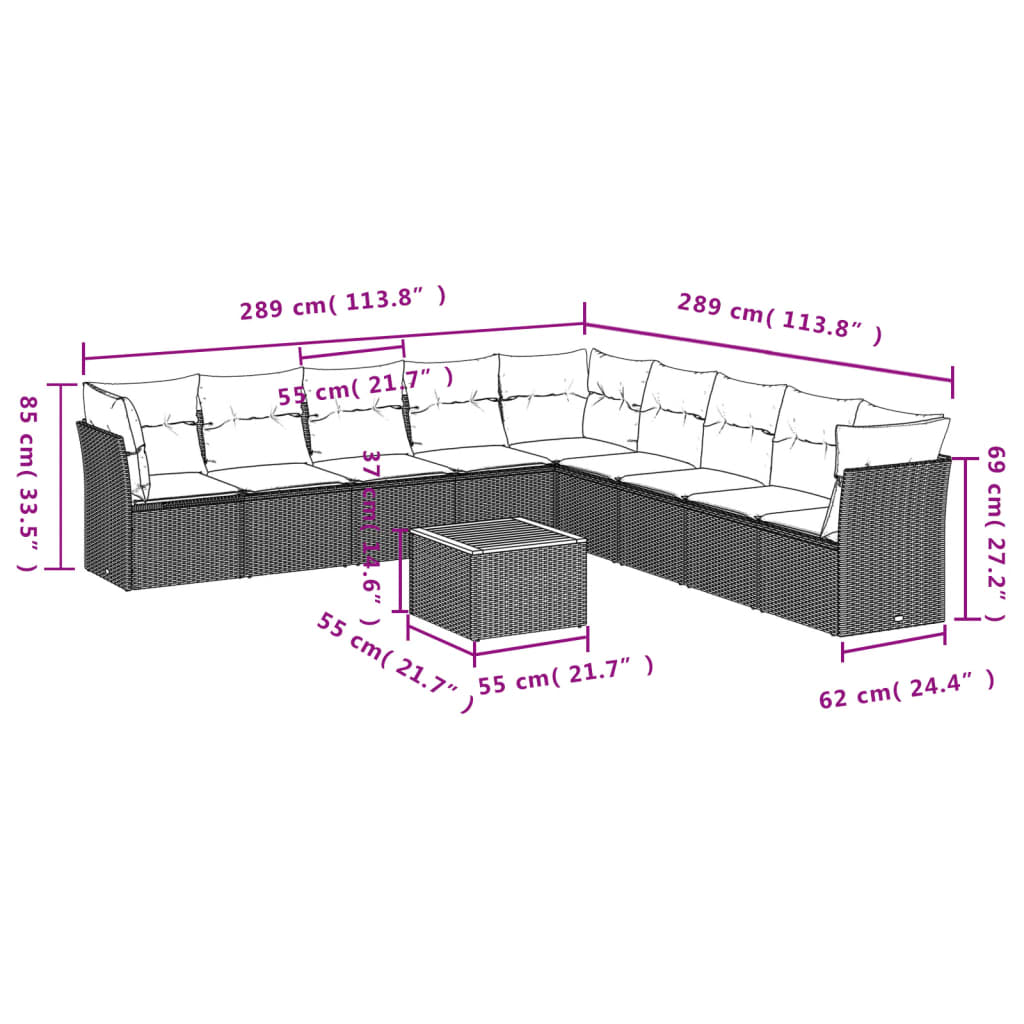 Set Divano da Giardino 10 pz con Cuscini Grigio in Polyrattan 3223694