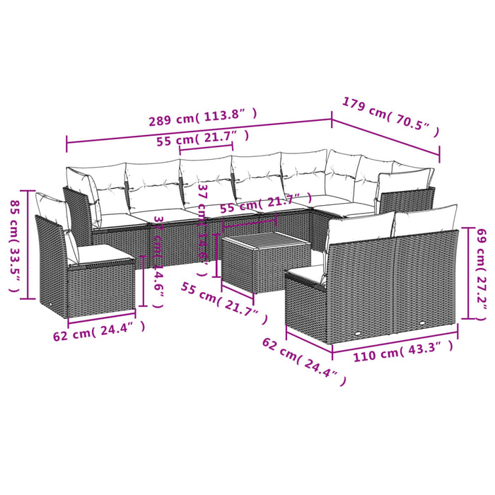 Set Divani da Giardino 11 pz con Cuscini in Polyrattan Grigiocod mxl 112652