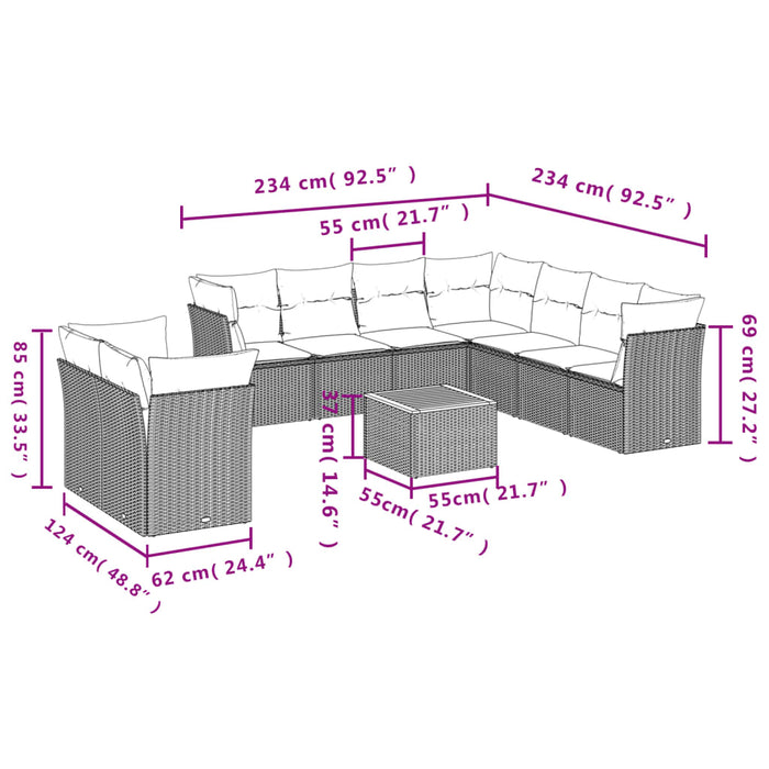 Set Divani da Giardino 10pz con Cuscini in Polyrattan Nero 3223711