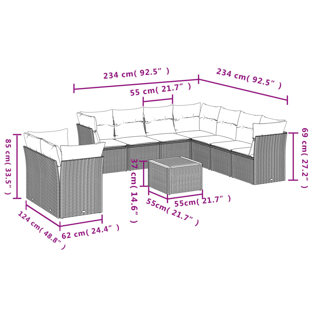 Set Divano da Giardino 10 pz con Cuscini Grigio in Polyrattancod mxl 111597