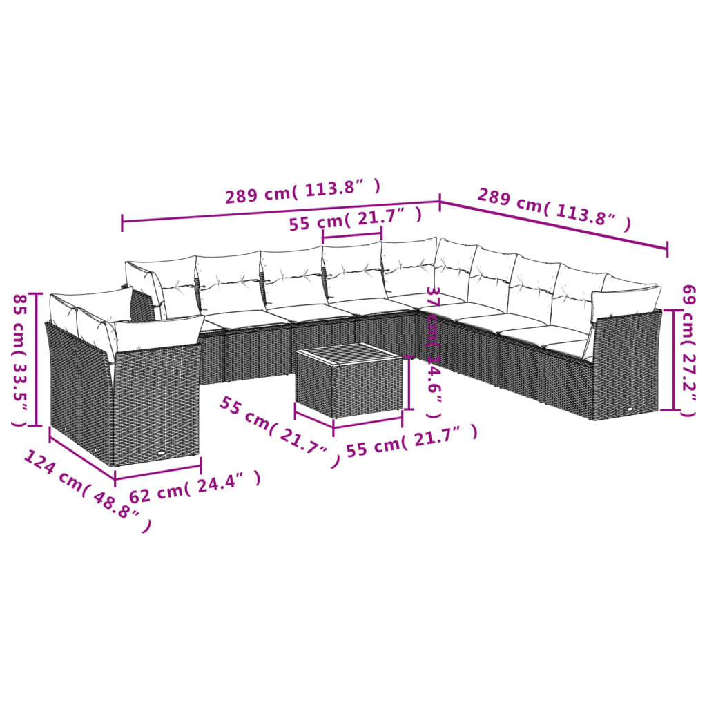 Set Divani da Giardino 12 pz con Cuscini Nero in Polyrattan 3223724