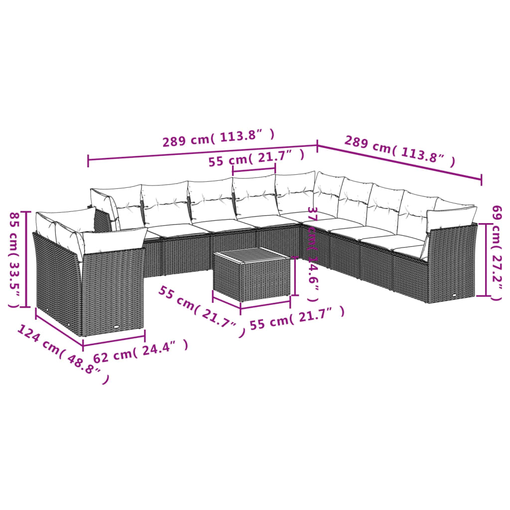 Set Divani da Giardino 12 pz con Cuscini Nero in Polyrattan 3223725