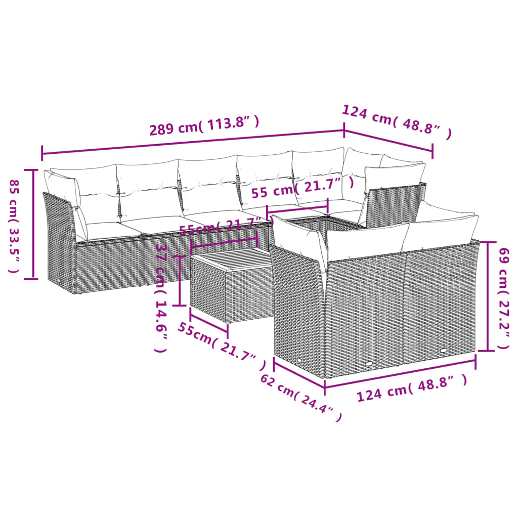 Set Divani da Giardino 9 pz con Cuscini Nero in Polyrattan 3223731