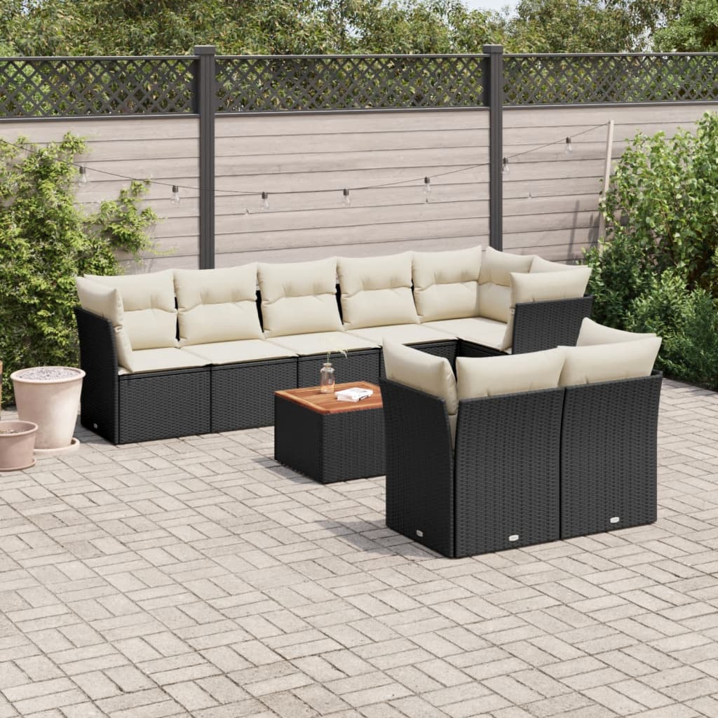 Set Divani da Giardino 9 pz con Cuscini Nero in Polyrattan 3223732