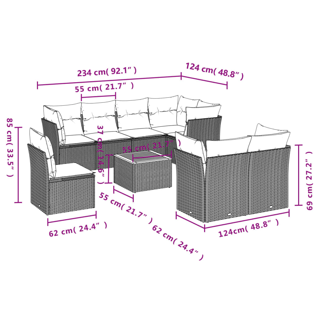 Set Divano da Giardino 9 pz con Cuscini Beige in Polyrattan 3223741