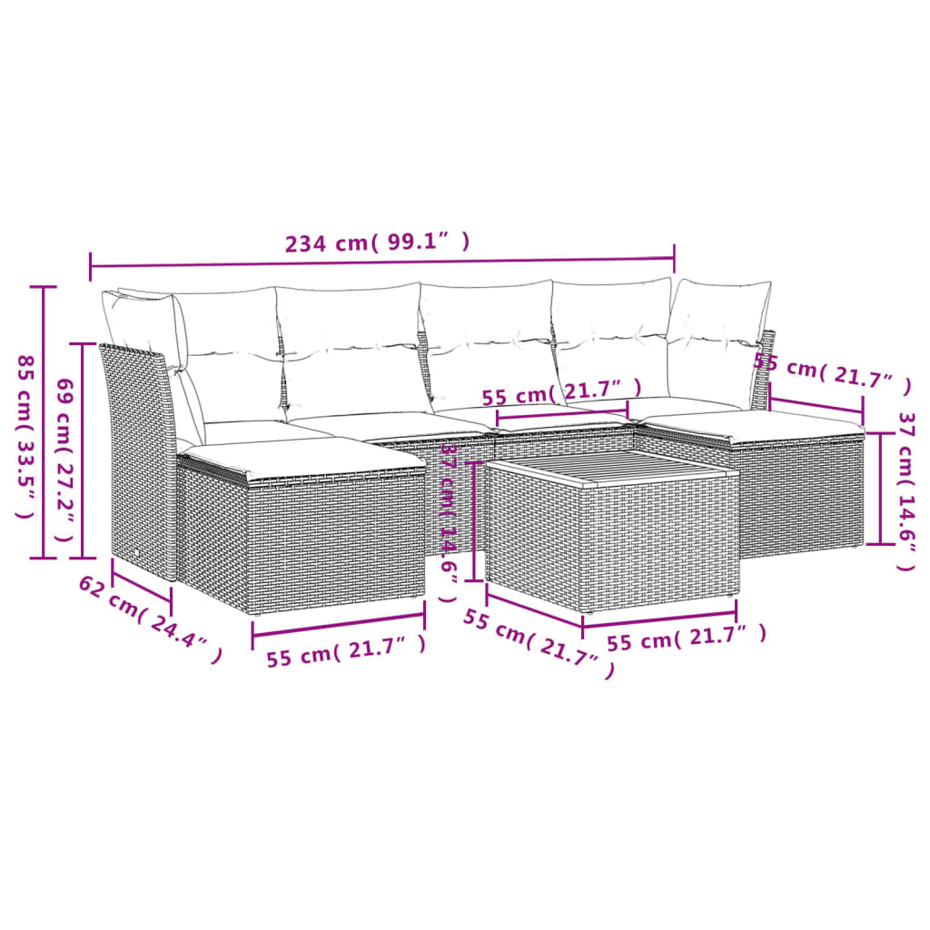 Set Divani da Giardino 7 pz con Cuscini Beige in Polyrattan 3223770