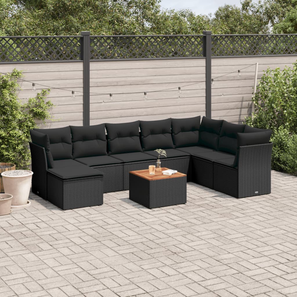 Set Divani da Giardino 9 pz con Cuscini Nero in Polyrattan 3223780