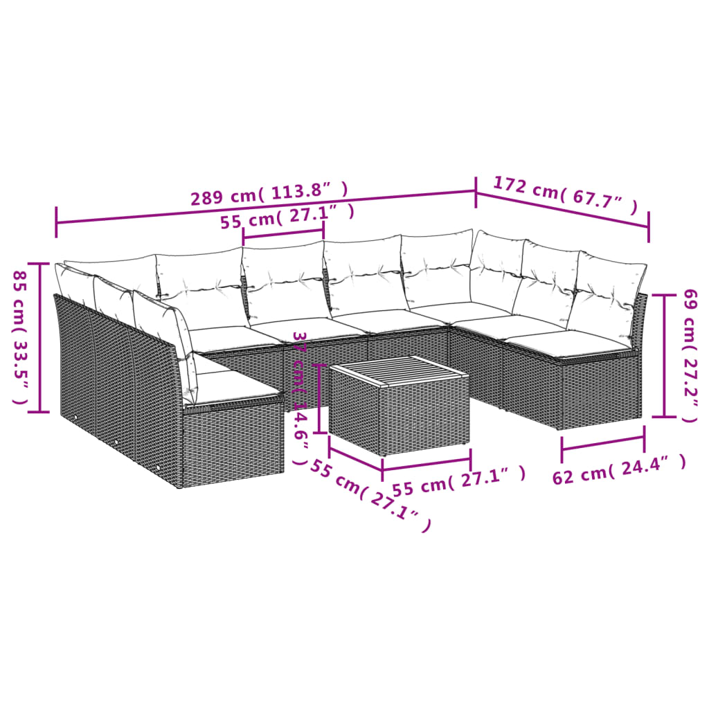 Set Divani da Giardino 10pz con Cuscini in Polyrattan Nerocod mxl 111953