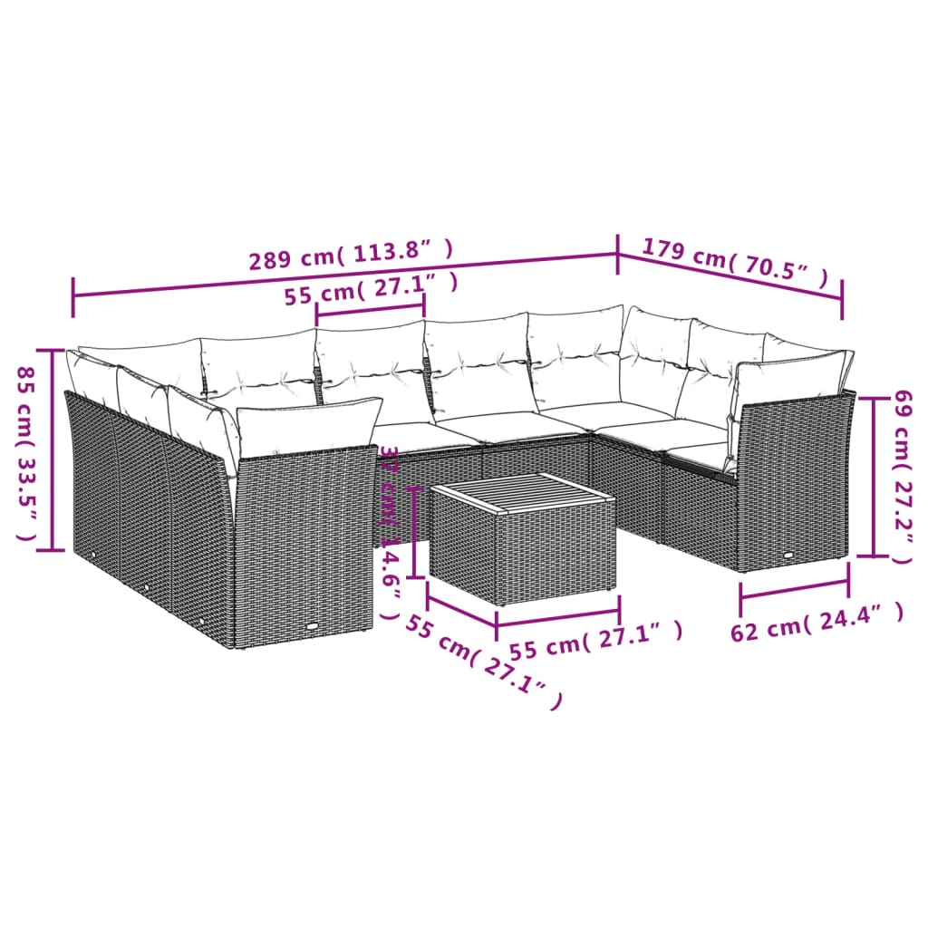 Set Divano da Giardino 10 pz con Cuscini Beige in Polyrattan 3223805