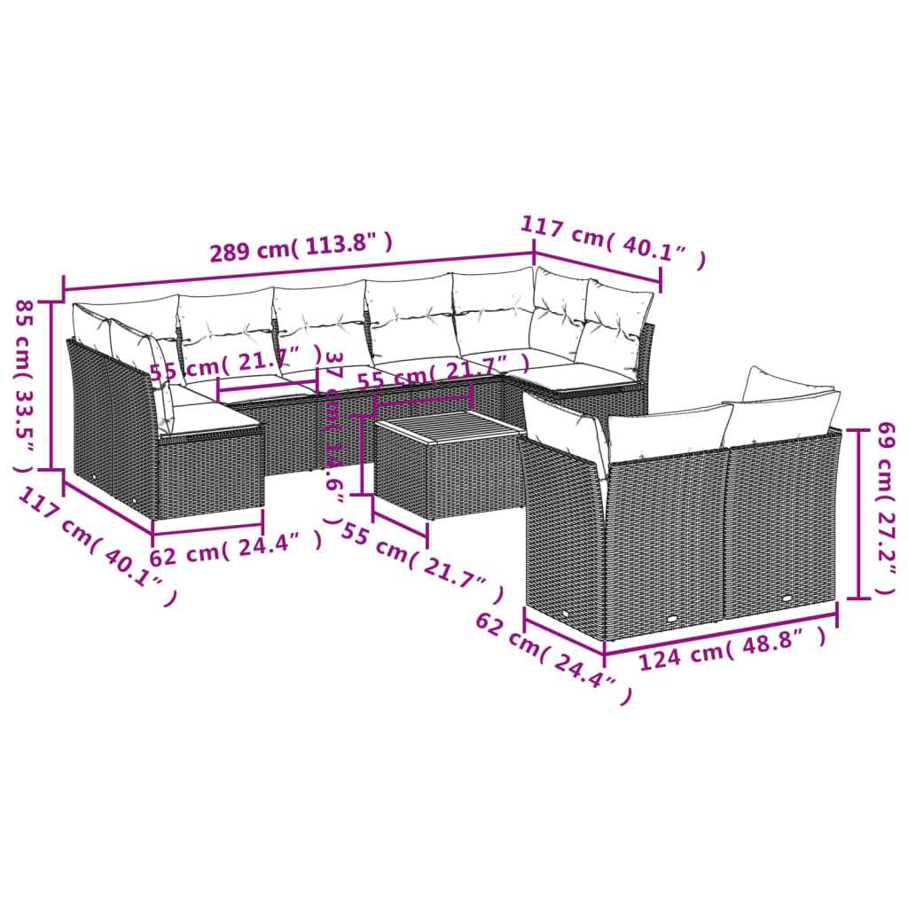 Set Divani da Giardino 10pz con Cuscini in Polyrattan Nero 3223809