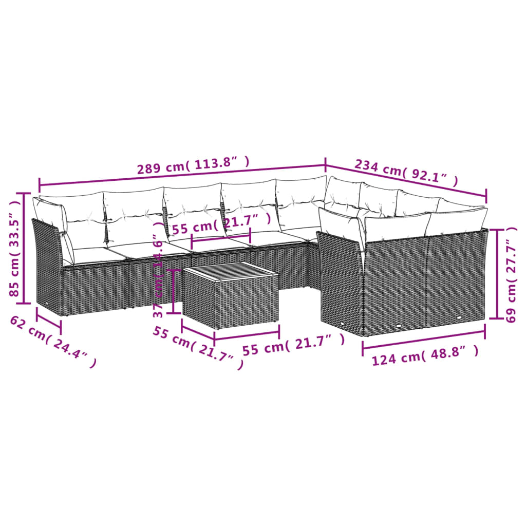 Set Divano da Giardino 10 pz con Cuscini Beige in Polyrattan 3223819