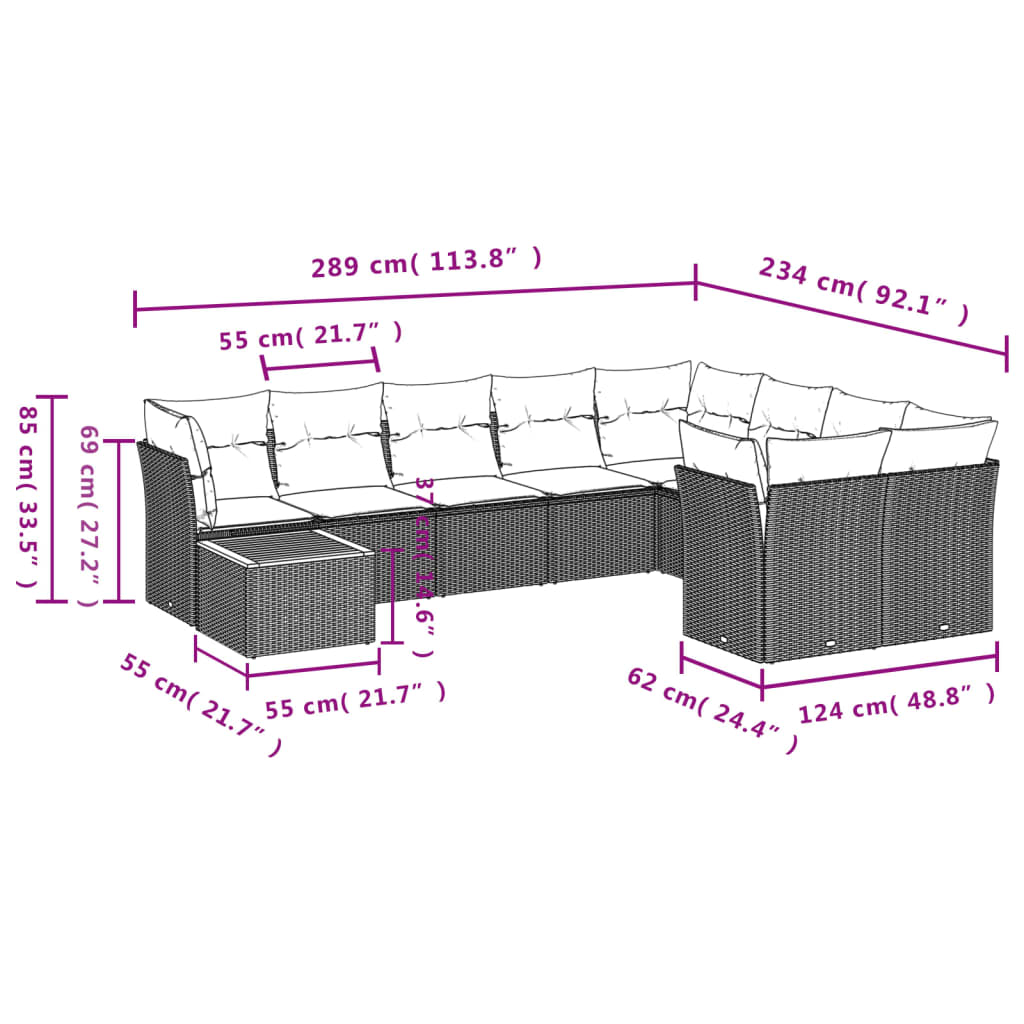 Set Divani da Giardino 10pz con Cuscini in Polyrattan Nero 3223822