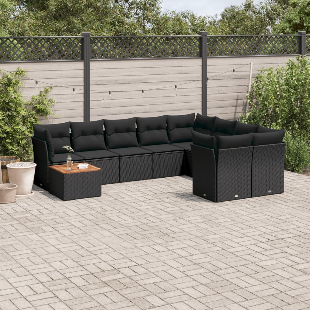 Set Divani da Giardino 10pz con Cuscini in Polyrattan Nero 3223822