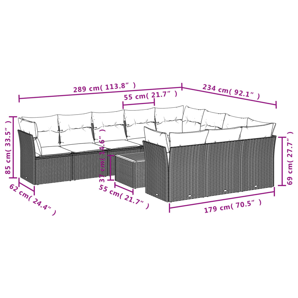 Set Divani da Giardino 11 pz con Cuscini in Polyrattan Nero 3223837