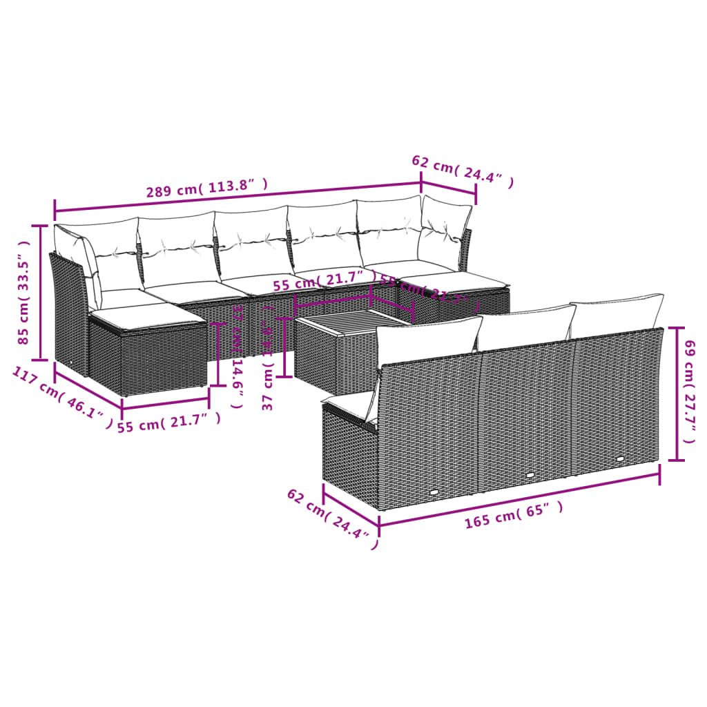 Set Divani da Giardino 11 pz con Cuscini in Polyrattan Nero 3223864