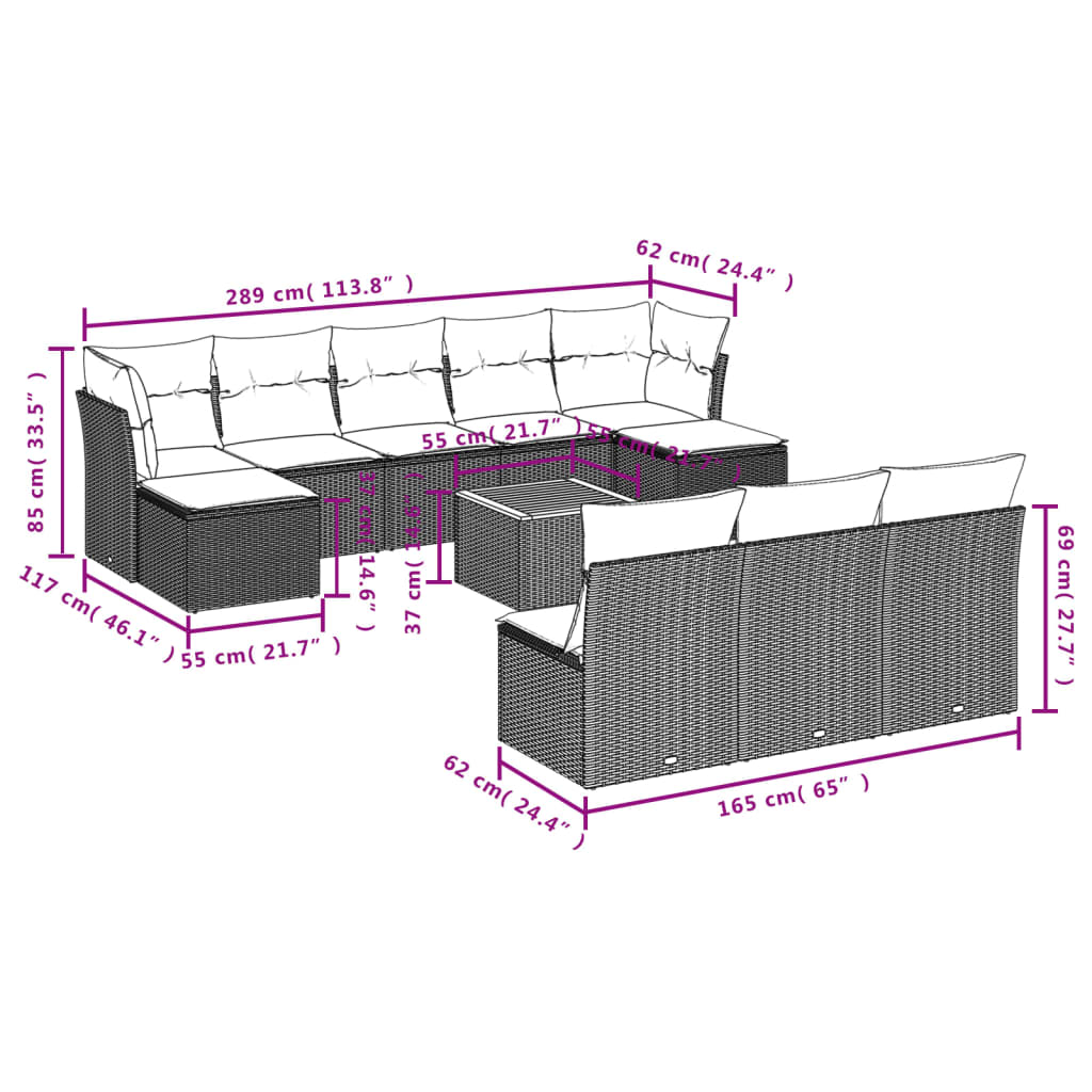 Set Divani da Giardino 11 pz con Cuscini in Polyrattan Grigio 3223869