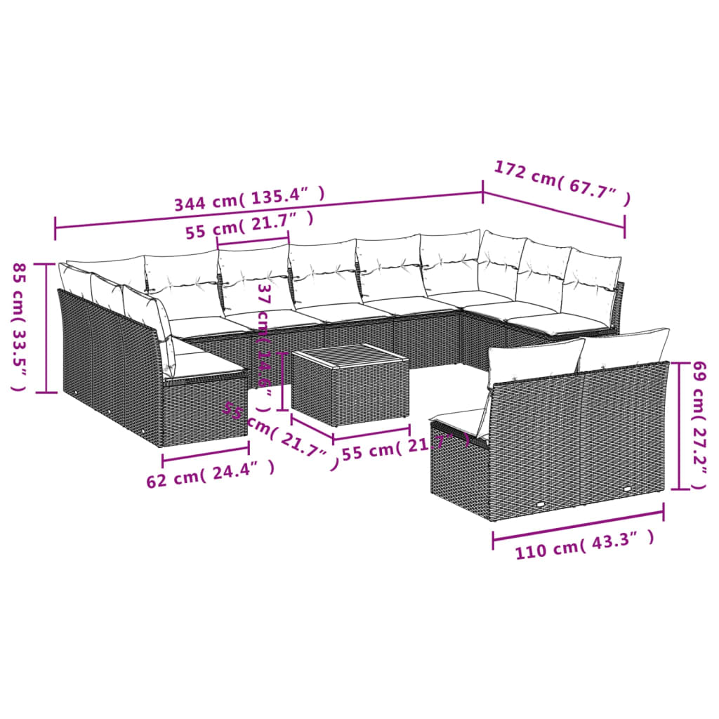 Set Divani da Giardino 13pz con Cuscini Nero in Polyrattan 3223892