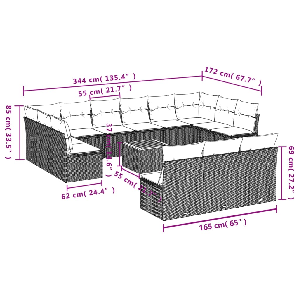 Set Divani da Giardino 14pz con Cuscini in Polyrattan Nero 3223899