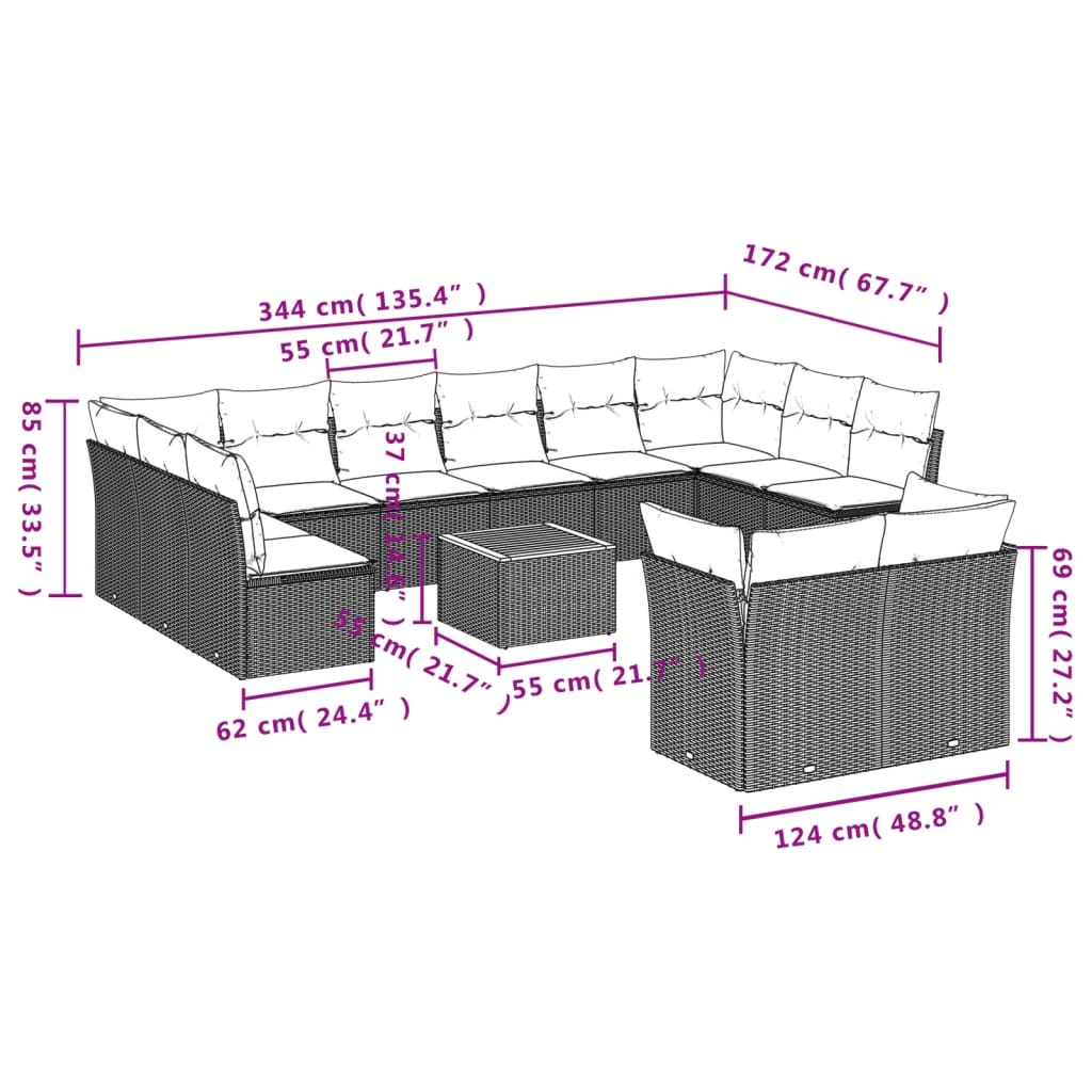 Set Divani da Giardino 13 pz con Cuscini Grigio in Polyrattan 3223918