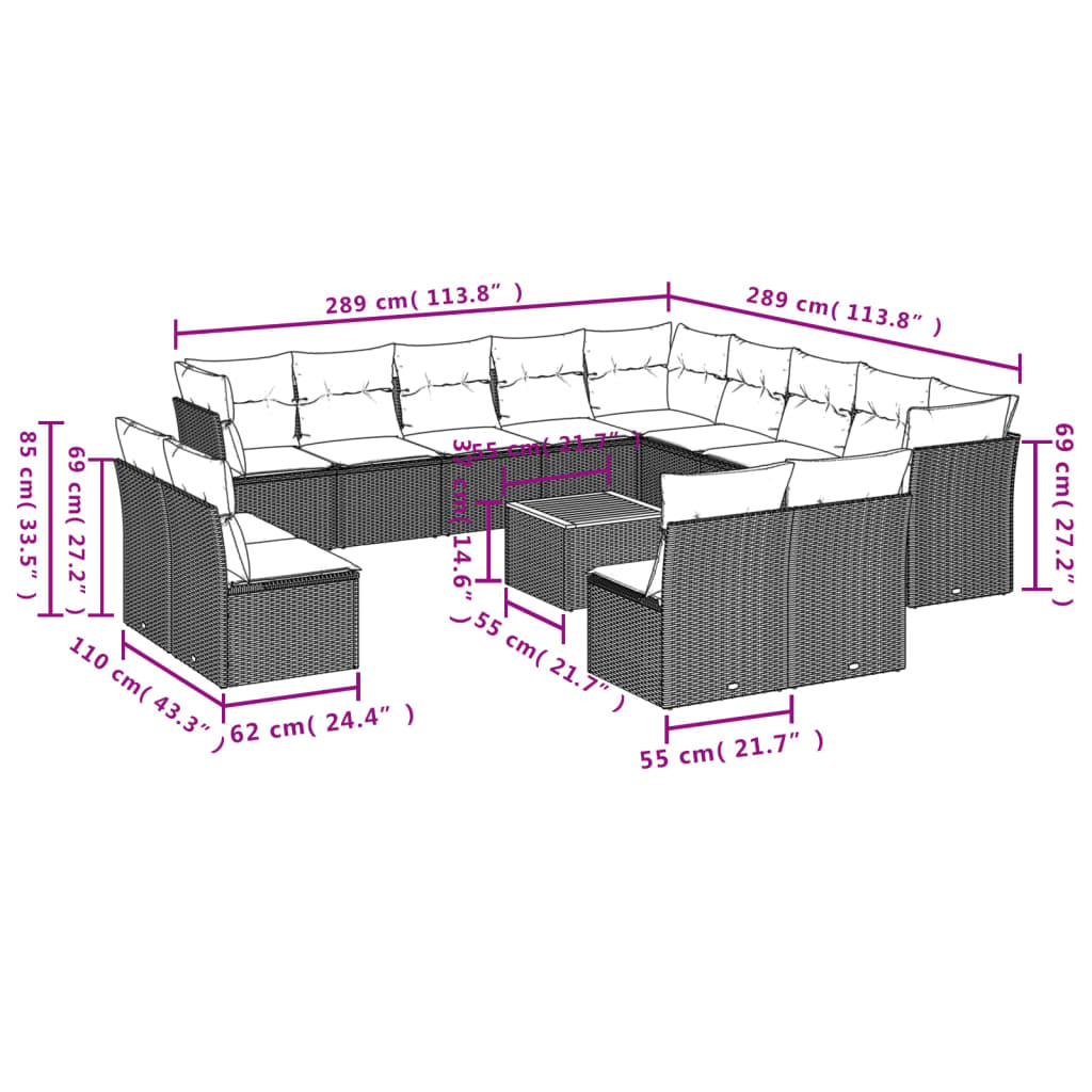 Set Divani da Giardino 14pz con Cuscini in Polyrattan Nero 3223934