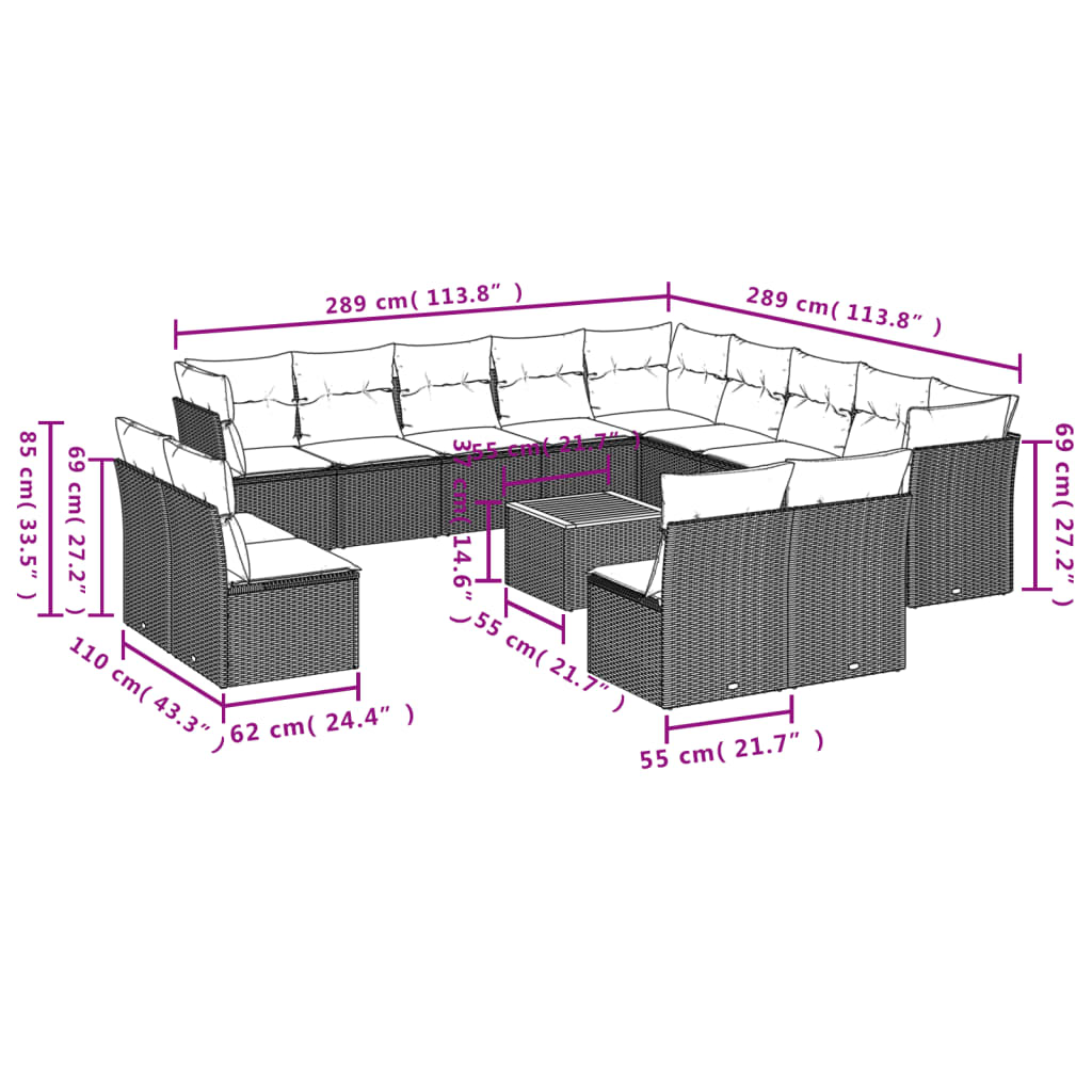 Set Divani da Giardino 14pz con Cuscini in Polyrattan Grigio 3223939