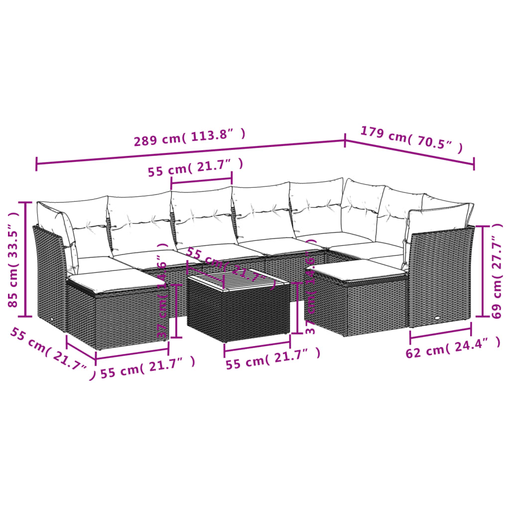 Set Divano da Giardino 10 pz con Cuscini Grigio in Polyrattan 3223967