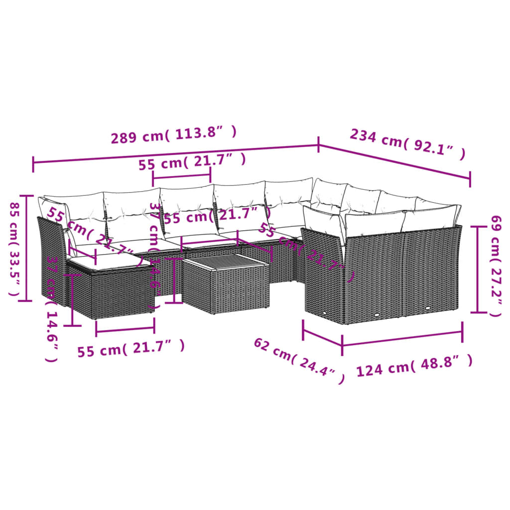 Set Divani da Giardino 11 pz con Cuscini in Polyrattan Nero 3223969