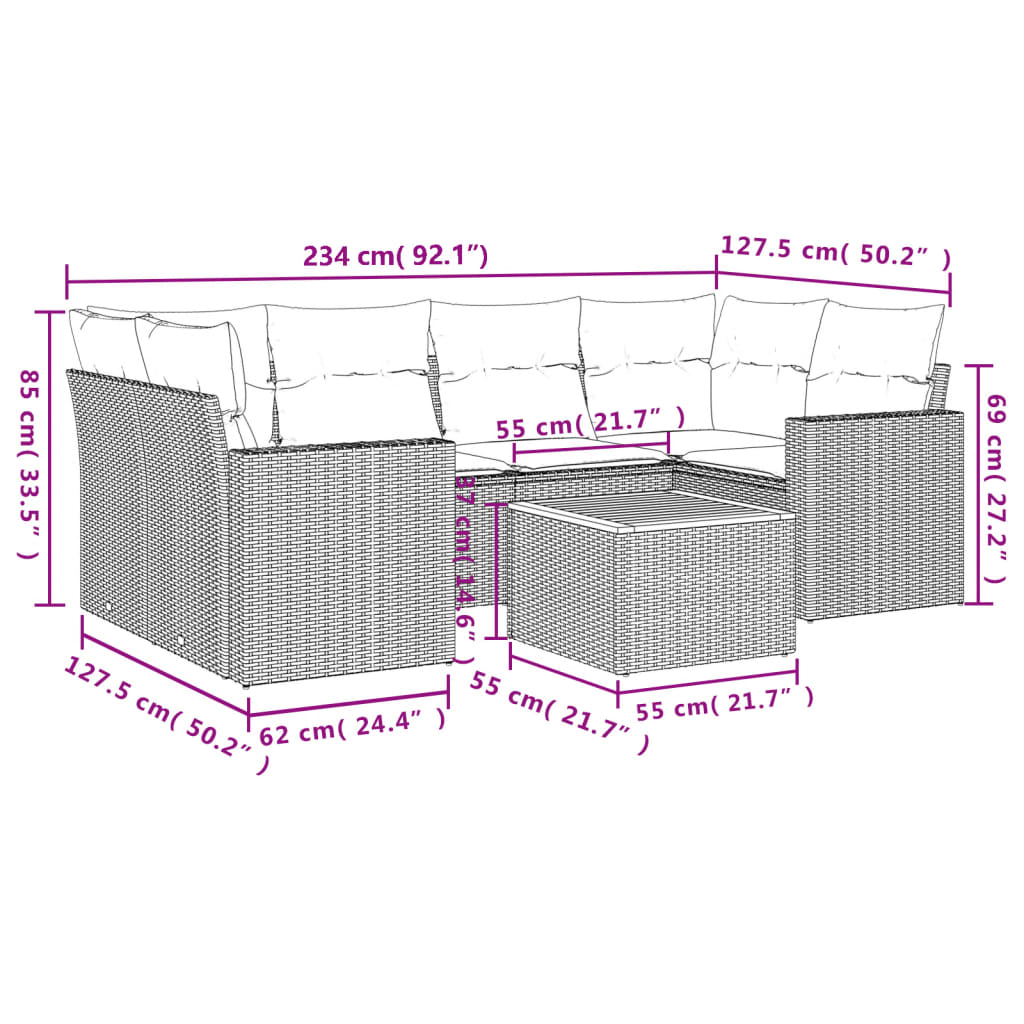 Set Divani da Giardino 7 pz con Cuscini Beige in Polyrattan 3224021