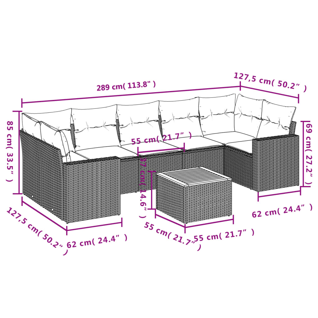 Set Divani da Giardino con Cuscini 8 pz Nero in Polyrattan 3224032