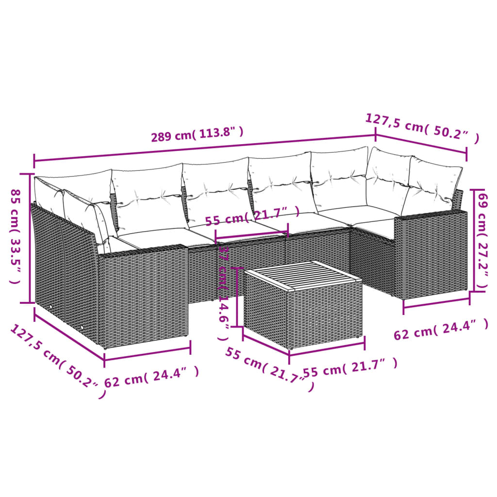 Set Divano da Giardino 8 pz con Cuscini Grigio in Polyrattan 3224037