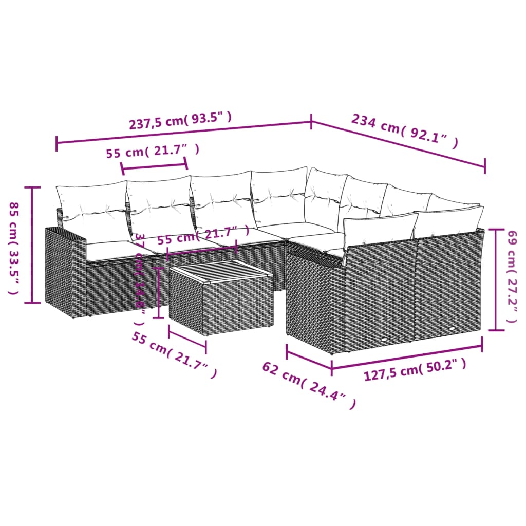 Set Divani da Giardino 9 pz con Cuscini Nero in Polyrattan 3224047