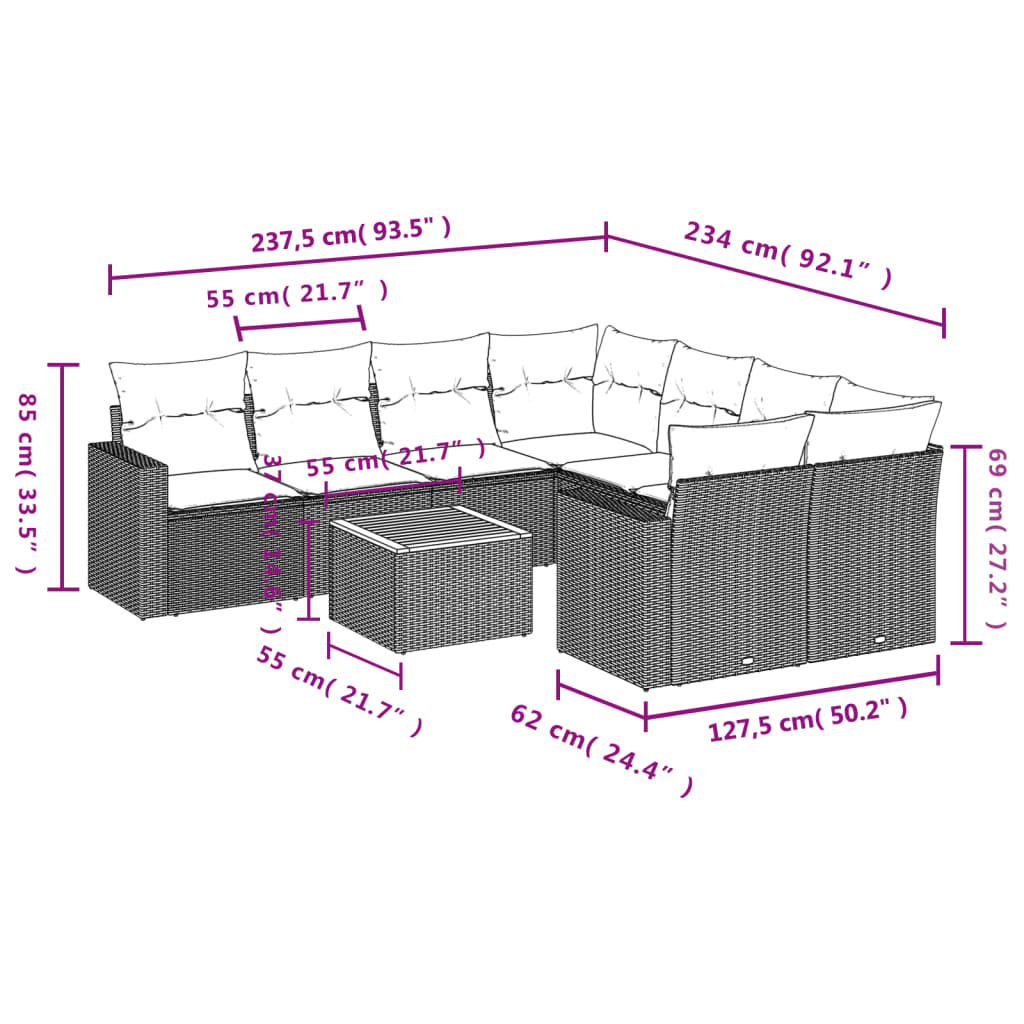 Set Divano da Giardino 9 pz con Cuscini Beige in Polyrattan 3224049