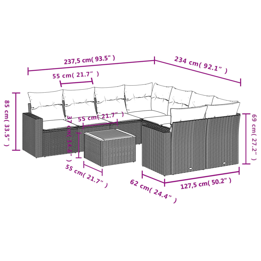 Set Divano da Giardino 9 pz con Cuscini Grigio in Polyrattan 3224051