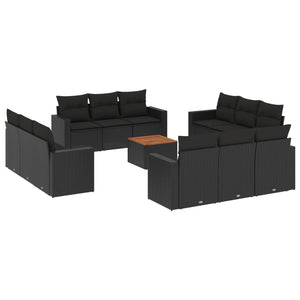 Set Divani da Giardino 13pz con Cuscini Nero in Polyrattan 3224053